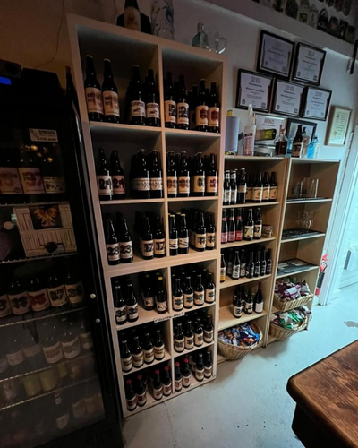 The interior of the Billericay Brewing shop, showing the beers lined up on shelving