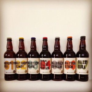 A selection of 7 different Billericay Brewing beers are lined up in a row against a white background.